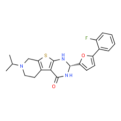 ChemSpider 2D Image | (2R)-2-[5-(2-Fluorophenyl)-2-furyl]-7-isopropyl-2,3,5,6,7,8-hexahydropyrido[4',3':4,5]thieno[2,3-d]pyrimidin-4(1H)-one | C22H22FN3O2S