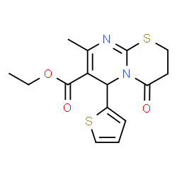 ChemSpider 2D Image | Ethyl 8-methyl-4-oxo-6-(2-thienyl)-3,4-dihydro-2H,6H-pyrimido[2,1-b][1,3]thiazine-7-carboxylate | C15H16N2O3S2