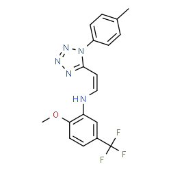 ChemSpider 2D Image | 2-Methoxy-N-{(Z)-2-[1-(4-methylphenyl)-1H-tetrazol-5-yl]vinyl}-5-(trifluoromethyl)aniline | C18H16F3N5O