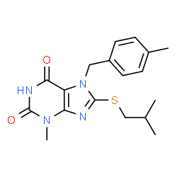 ChemSpider 2D Image | 8-(Isobutylsulfanyl)-3-methyl-7-(4-methylbenzyl)-3,7-dihydro-1H-purine-2,6-dione | C18H22N4O2S