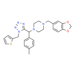 ChemSpider 2D Image | 1-Benzo[1,3]dioxol-5-ylmethyl-4-[(1-thiophen-2-ylmethyl-1H-tetrazol-5-yl)-p-tolyl-methyl]-piperazine | C26H28N6O2S