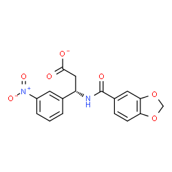 ChemSpider 2D Image | (3S)-3-[(1,3-Benzodioxol-5-ylcarbonyl)amino]-3-(3-nitrophenyl)propanoate | C17H13N2O7