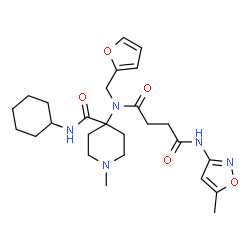 ChemSpider 2D Image | N-[4-(Cyclohexylcarbamoyl)-1-methyl-4-piperidinyl]-N-(2-furylmethyl)-N'-(5-methyl-1,2-oxazol-3-yl)succinamide | C26H37N5O5