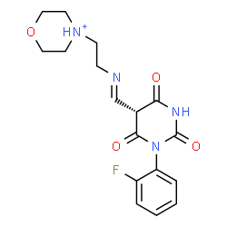 ChemSpider 2D Image | 4-{2-[(E)-{[(5R)-1-(2-Fluorophenyl)-2,4,6-trioxohexahydro-5-pyrimidinyl]methylene}amino]ethyl}morpholin-4-ium | C17H20FN4O4
