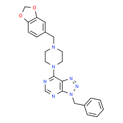 ChemSpider 2D Image | 7-(4-Benzo[1,3]dioxol-5-ylmethyl-piperazin-1-yl)-3-benzyl-3H-[1,2,3]triazolo[4,5-d]pyrimidine | C23H23N7O2