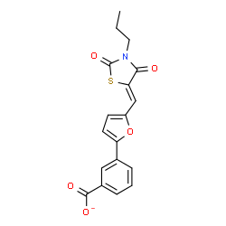 ChemSpider 2D Image | 3-{5-[(Z)-(2,4-Dioxo-3-propyl-1,3-thiazolidin-5-ylidene)methyl]-2-furyl}benzoate | C18H14NO5S