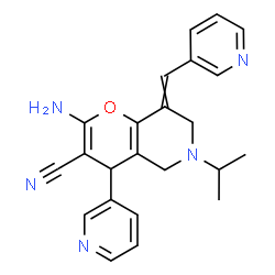 ChemSpider 2D Image | 2-Amino-6-isopropyl-4-(3-pyridinyl)-8-(3-pyridinylmethylene)-5,6,7,8-tetrahydro-4H-pyrano[3,2-c]pyridine-3-carbonitrile | C23H23N5O