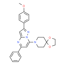 ChemSpider 2D Image | 8-[2-(4-methoxyphenyl)-5-phenyl-7-pyrazolo[1,5-a]pyrimidinyl]-1,4-dioxa-8-azaspiro[4.5]decane | C26H26N4O3
