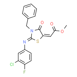 ChemSpider 2D Image | Methyl (2E)-{(2Z)-3-benzyl-2-[(3-chloro-4-fluorophenyl)imino]-4-oxo-1,3-thiazolidin-5-ylidene}acetate | C19H14ClFN2O3S