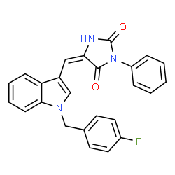 ChemSpider 2D Image | (5E)-5-{[1-(4-Fluorobenzyl)-1H-indol-3-yl]methylene}-3-phenyl-2,4-imidazolidinedione | C25H18FN3O2