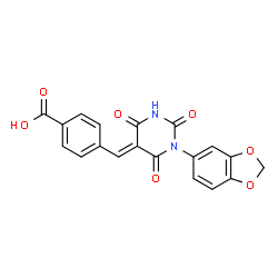 ChemSpider 2D Image | 4-{(E)-[1-(1,3-Benzodioxol-5-yl)-2,4,6-trioxotetrahydro-5(2H)-pyrimidinylidene]methyl}benzoic acid | C19H12N2O7