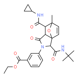 ChemSpider 2D Image | Ethyl 3-{6-(cyclopropylcarbamoyl)-7-methyl-2-[(2-methyl-2-propanyl)carbamoyl]-4-oxo-10-oxa-3-azatricyclo[5.2.1.0~1,5~]dec-8-en-3-yl}benzoate | C27H33N3O6