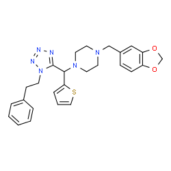 ChemSpider 2D Image | 1-Benzo[1,3]dioxol-5-ylmethyl-4-[(1-phenethyl-1H-tetrazol-5-yl)-thiophen-2-yl-methyl]-piperazine | C26H28N6O2S