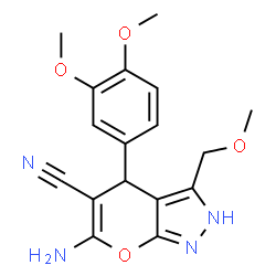 ChemSpider 2D Image | 6-Amino-4-(3,4-dimethoxyphenyl)-3-(methoxymethyl)-2,4-dihydropyrano[2,3-c]pyrazole-5-carbonitrile | C17H18N4O4
