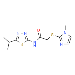 ChemSpider 2D Image | N-(5-Isopropyl-1,3,4-thiadiazol-2-yl)-2-[(1-methyl-1H-imidazol-2-yl)sulfanyl]acetamide | C11H15N5OS2