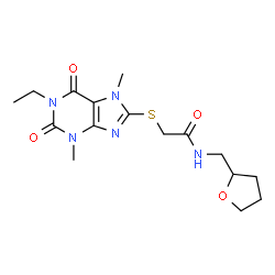 ChemSpider 2D Image | 2-[(1-Ethyl-3,7-dimethyl-2,6-dioxo-2,3,6,7-tetrahydro-1H-purin-8-yl)sulfanyl]-N-(tetrahydro-2-furanylmethyl)acetamide | C16H23N5O4S