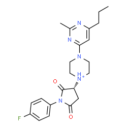 ChemSpider 2D Image | 1-[(3R)-1-(4-Fluorophenyl)-2,5-dioxo-3-pyrrolidinyl]-4-(2-methyl-6-propyl-4-pyrimidinyl)piperazin-1-ium | C22H27FN5O2