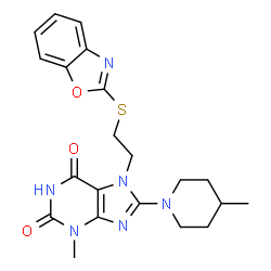 ChemSpider 2D Image | 7-[2-(1,3-Benzoxazol-2-ylsulfanyl)ethyl]-3-methyl-8-(4-methyl-1-piperidinyl)-3,7-dihydro-1H-purine-2,6-dione | C21H24N6O3S