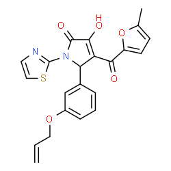 ChemSpider 2D Image | 5-(3-Allyloxy-phenyl)-3-hydroxy-4-(5-methyl-furan-2-carbonyl)-1-thiazol-2-yl-1,5-dihydro-pyrrol-2-one | C22H18N2O5S