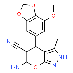 ChemSpider 2D Image | 6-Amino-4-(7-methoxy-1,3-benzodioxol-5-yl)-3-methyl-2,4-dihydropyrano[2,3-c]pyrazole-5-carbonitrile | C16H14N4O4