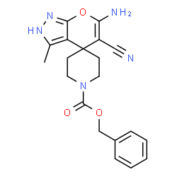ChemSpider 2D Image | Benzyl 6'-amino-5'-cyano-3'-methyl-1H,2'H-spiro[piperidine-4,4'-pyrano[2,3-c]pyrazole]-1-carboxylate | C20H21N5O3