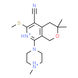 ChemSpider 2D Image | 5-Cyano-3,3-dimethyl-8-(4-methylpiperazin-4-ium-1-yl)-6-(methylsulfanyl)-3,4-dihydro-1H-pyrano[3,4-c]pyridin-7-ium | C17H26N4OS