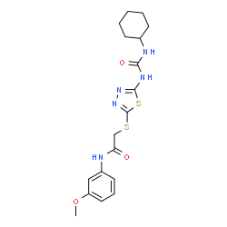 ChemSpider 2D Image | 2-({5-[(Cyclohexylcarbamoyl)amino]-1,3,4-thiadiazol-2-yl}sulfanyl)-N-(3-methoxyphenyl)acetamide | C18H23N5O3S2