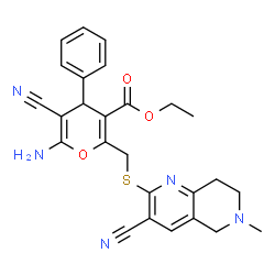 ChemSpider 2D Image | Ethyl 6-amino-5-cyano-2-{[(3-cyano-6-methyl-5,6,7,8-tetrahydro-1,6-naphthyridin-2-yl)sulfanyl]methyl}-4-phenyl-4H-pyran-3-carboxylate | C26H25N5O3S