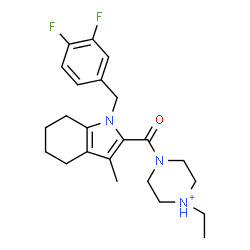 ChemSpider 2D Image | 4-{[1-(3,4-Difluorobenzyl)-3-methyl-4,5,6,7-tetrahydro-1H-indol-2-yl]carbonyl}-1-ethylpiperazin-1-ium | C23H30F2N3O