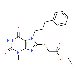 ChemSpider 2D Image | Ethyl {[3-methyl-2,6-dioxo-7-(3-phenylpropyl)-2,3,6,7-tetrahydro-1H-purin-8-yl]sulfanyl}acetate | C19H22N4O4S