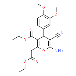 ChemSpider 2D Image | Ethyl 6-amino-5-cyano-4-(3,4-dimethoxyphenyl)-2-(2-ethoxy-2-oxoethyl)-4H-pyran-3-carboxylate | C21H24N2O7