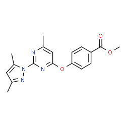 ChemSpider 2D Image | Methyl 4-{[2-(3,5-dimethyl-1H-pyrazol-1-yl)-6-methyl-4-pyrimidinyl]oxy}benzoate | C18H18N4O3