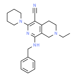 ChemSpider 2D Image | 1-(Benzylamino)-7-ethyl-3-(1-piperidinyl)-5,6,7,8-tetrahydro-2,7-naphthyridine-4-carbonitrile | C23H29N5
