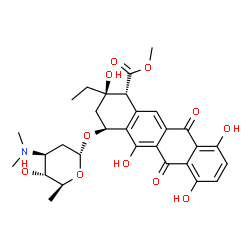 ChemSpider 2D Image | Methyl (1R,2R,4S)-2-ethyl-2,5,7,10-tetrahydroxy-6,11-dioxo-4-{[2,3,6-trideoxy-3-(dimethylamino)-alpha-L-arabino-hexopyranosyl]oxy}-1,2,3,4,6,11-hexahydro-1-tetracenecarboxylate | C30H35NO11