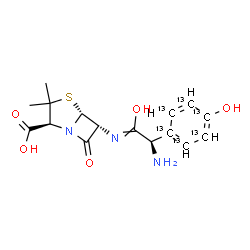 ChemSpider 2D Image | (2S,5R,6R)-6-({(2R)-2-Amino-1-hydroxy-2-[4-hydroxy(~13~C_6_)phenyl]ethylidene}amino)-3,3-dimethyl-7-oxo-4-thia-1-azabicyclo[3.2.0]heptane-2-carboxylic acid | C1013C6H19N3O5S