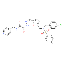 ChemSpider 2D Image | 2-[(2Z)-2-{[5-({(4-Chlorobenzyl)[(4-chlorophenyl)sulfonyl]amino}methyl)-2-furyl]methylene}hydrazino]-2-oxo-N-(4-pyridinylmethyl)acetamide | C27H23Cl2N5O5S