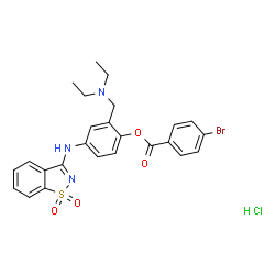 ChemSpider 2D Image | 2-[(Diethylamino)methyl]-4-[(1,1-dioxido-1,2-benzothiazol-3-yl)amino]phenyl 4-bromobenzoate hydrochloride (1:1) | C25H25BrClN3O4S