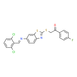 ChemSpider 2D Image | 2-({6-[(E)-(2,6-Dichlorobenzylidene)amino]-1,3-benzothiazol-2-yl}sulfanyl)-1-(4-fluorophenyl)ethanone | C22H13Cl2FN2OS2