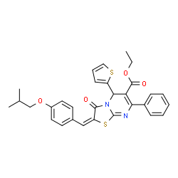 ChemSpider 2D Image | Ethyl (2E)-2-(4-isobutoxybenzylidene)-3-oxo-7-phenyl-5-(2-thienyl)-2,3-dihydro-5H-[1,3]thiazolo[3,2-a]pyrimidine-6-carboxylate | C30H28N2O4S2