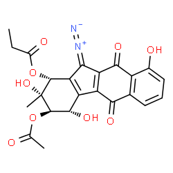 ChemSpider 2D Image | (1R,2R,3R,4S)-3-Acetoxy-11-diazo-2,4,9-trihydroxy-2-methyl-5,10-dioxo-2,3,4,5,10,11-hexahydro-1H-benzo[b]fluoren-1-yl propionate | C23H20N2O9