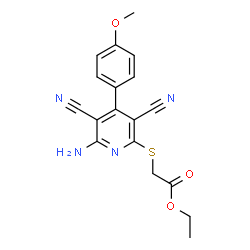 ChemSpider 2D Image | Ethyl {[6-amino-3,5-dicyano-4-(4-methoxyphenyl)-2-pyridinyl]sulfanyl}acetate | C18H16N4O3S