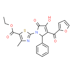 ChemSpider 2D Image | Ethyl 2-[3-(2-furoyl)-4-hydroxy-5-oxo-2-phenyl-2,5-dihydro-1H-pyrrol-1-yl]-4-methyl-1,3-thiazole-5-carboxylate | C22H18N2O6S