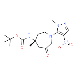 ChemSpider 2D Image | (R)-tert-Butyl (4-methyl-1-(1-methyl-4-nitro-1H-pyrazol-5-yl)-6-oxoazepan-4-yl)carbamate | C16H25N5O5