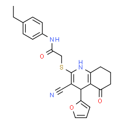 ChemSpider 2D Image | 2-{[3-Cyano-4-(2-furyl)-5-oxo-1,4,5,6,7,8-hexahydro-2-quinolinyl]sulfanyl}-N-(4-ethylphenyl)acetamide | C24H23N3O3S