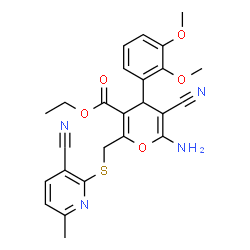 ChemSpider 2D Image | Ethyl 6-amino-5-cyano-2-{[(3-cyano-6-methyl-2-pyridinyl)sulfanyl]methyl}-4-(2,3-dimethoxyphenyl)-4H-pyran-3-carboxylate | C25H24N4O5S