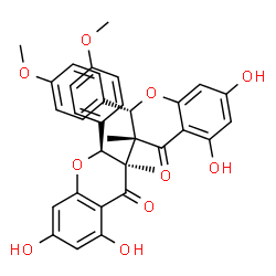 ChemSpider 2D Image | (2S,2'S,3R,3'R)-5,5',7,7'-Tetrahydroxy-2,2'-bis(4-methoxyphenyl)-3,3'-dimethyl-2,2',3,3'-tetrahydro-4H,4'H-3,3'-bichromene-4,4'-dione | C34H30O10