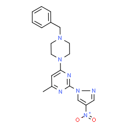 ChemSpider 2D Image | 4-(4-Benzyl-1-piperazinyl)-6-methyl-2-(4-nitro-1H-pyrazol-1-yl)pyrimidine | C19H21N7O2