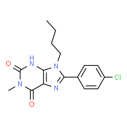 ChemSpider 2D Image | 9-Butyl-8-(4-chlorophenyl)-1-methyl-3,9-dihydro-1H-purine-2,6-dione | C16H17ClN4O2