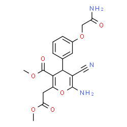 ChemSpider 2D Image | Methyl 6-amino-4-[3-(2-amino-2-oxoethoxy)phenyl]-5-cyano-2-(2-methoxy-2-oxoethyl)-4H-pyran-3-carboxylate | C19H19N3O7