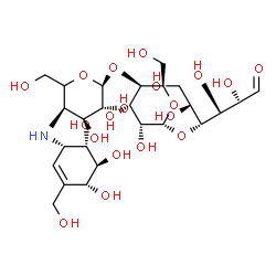 ChemSpider 2D Image | (5xi)-4-Deoxy-4-{[(1S,4R,5S,6S)-4,5,6-trihydroxy-3-(hydroxymethyl)-2-cyclohexen-1-yl]amino}-alpha-L-arabino-hexopyranosyl-(1->4)-alpha-D-gulopyranosyl-(1->4)-D-allose | C25H43NO19